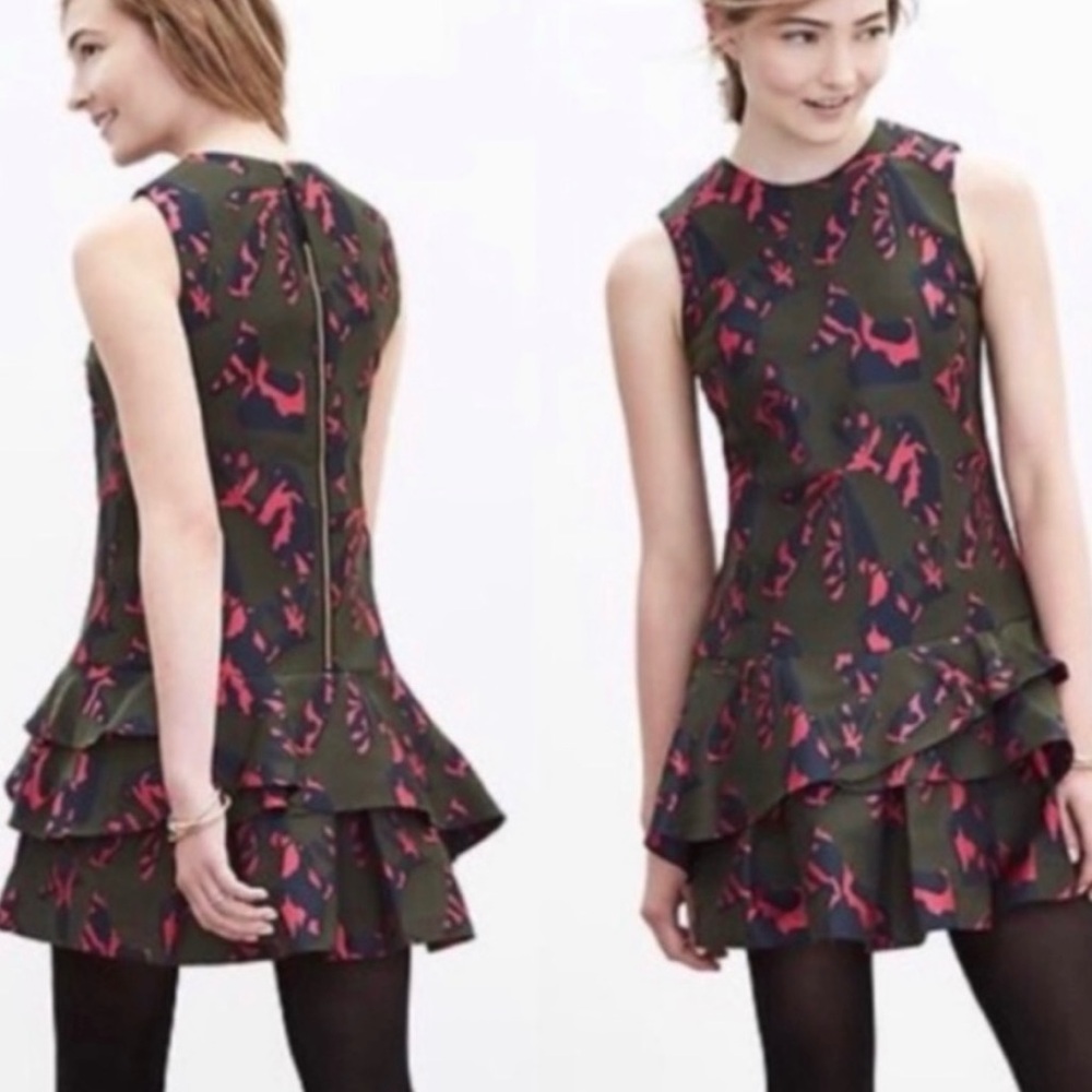 Banana Republic mini dress drop waist olive green ruffled skirt sleeveless NWT